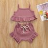 Nokpsedcb Infant Kids Baby Girls Cute Solid Color Ruffle T-shirt Top+Drawstring Bottom Shorts Pants 2Pcs Outfits Set (A-Purple, 12-18 Months) view 2