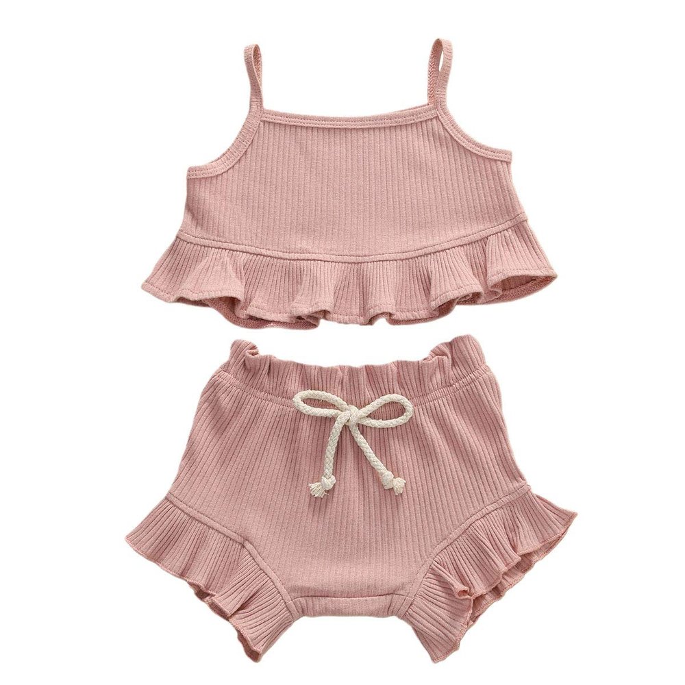 Nokpsedcb Infant Kids Baby Girls Cute Solid Color Ruffle T-shirt Top+Drawstring Bottom Shorts Pants 2Pcs Outfits Set (A-Pink, 12-18 Months)