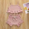 Nokpsedcb Infant Kids Baby Girls Cute Solid Color Ruffle T-shirt Top+Drawstring Bottom Shorts Pants 2Pcs Outfits Set (A-Pink, 12-18 Months) view 2
