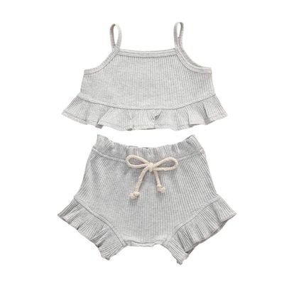 Nokpsedcb Infant Kids Baby Girls Cute Solid Color Ruffle T-shirt Top+Drawstring Bottom Shorts Pants 2Pcs Outfits Set (A-Grey, 6-12 Months)