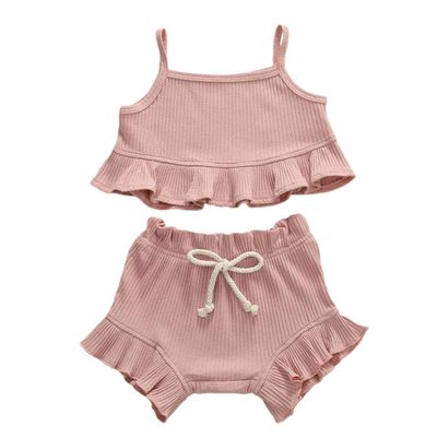 Nokpsedcb Infant Kids Baby Girls Cute Solid Color Ruffle T-shirt Top+Drawstring Bottom Shorts Pants 2Pcs Outfits Set (A-Pink, 0-6 Months)