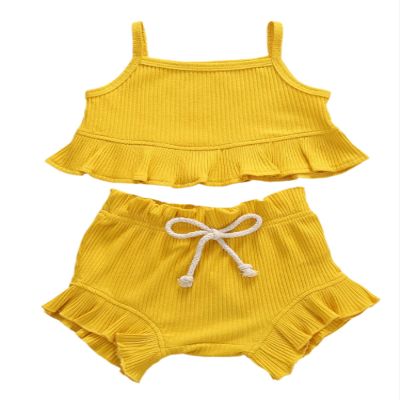 Nokpsedcb Infant Kids Baby Girls Cute Solid Color Ruffle T-shirt Top+Drawstring Bottom Shorts Pants 2Pcs Outfits Set (A-Yellow, 6-12 Months)
