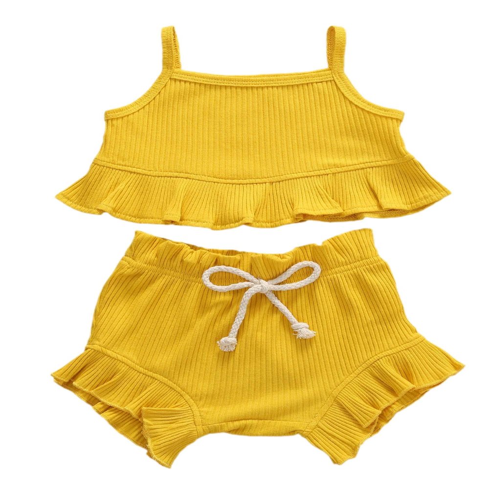 Nokpsedcb Infant Kids Baby Girls Cute Solid Color Ruffle T-shirt Top+Drawstring Bottom Shorts Pants 2Pcs Outfits Set (A-Yellow, 6-12 Months)