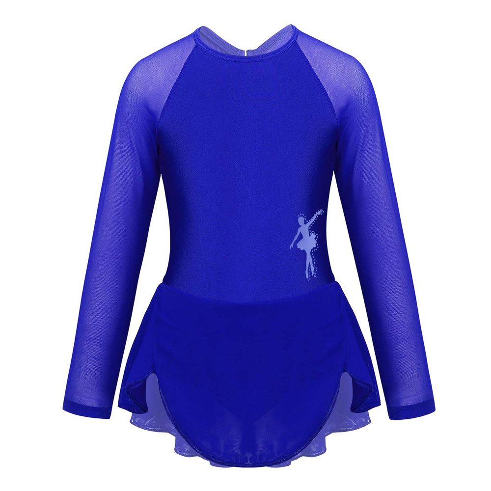 iiniim Girls Long Sleeves Mesh Splice Cutouts Back Figure Skating Roller Skating Gymnastic Ballet Dancewear Tutu Dress Blue 6