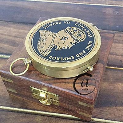 AV Magnet Needle Brass Compass with Wooden Box - King Edward Printed