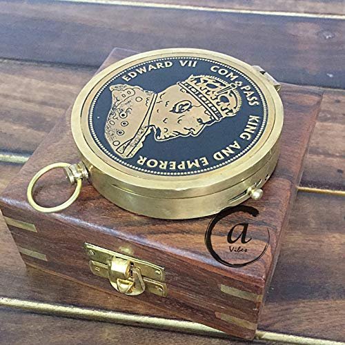 AV Magnet Needle Brass Compass with Wooden Box - King Edward Printed