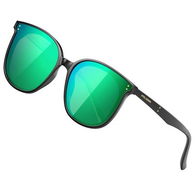 ATTCL Unisex Round Fashion Oversized Sunglasses for women uv protection HD Nylon lens Eyewear JD222 Black+green