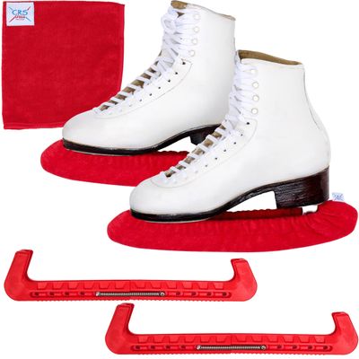 CRS Cross Ice Skate Guards, Soakers and Towel Gift Set. Essential Ice Skating Hard Guard and Soft Skate Blade Cover Accessories for Figure Skating or Hockey (Russian Split Red, Medium)