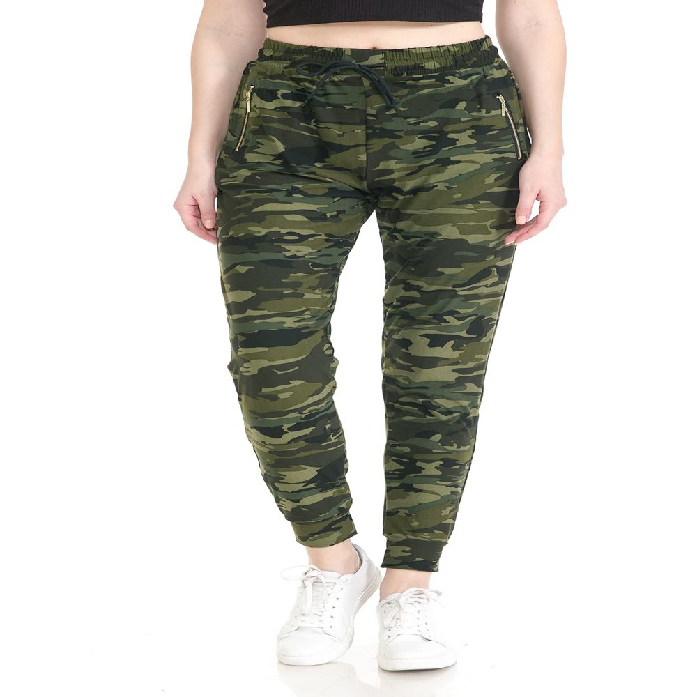 Leggings Depot Women's Relaxed fit Jogger Pants - Track Cuff Sweatpants with Pockets-N021ZIP, Camouflage Army-with Zipper, Small