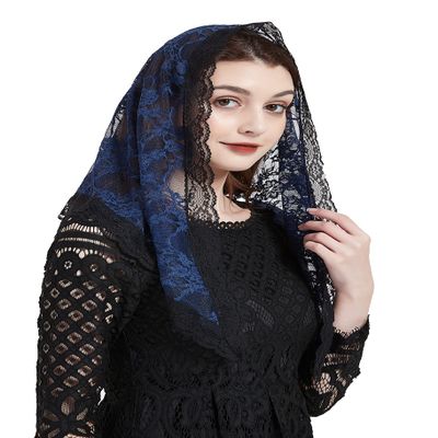 FANFAN Triangle Veil Triangle Chapel Veil Lace Bridal Veil Funeral Veils for Women Lace Head Covering Y021 (Navy)