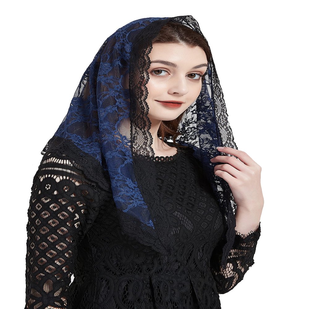 FANFAN Triangle Veil Triangle Chapel Veil Lace Bridal Veil Funeral Veils for Women Lace Head Covering Y021 (Navy)