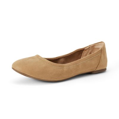 Amazon Essentials Women's Comfortable Round Toe Ballet Flats, Cushioned Memory Foam, Tan Microsuede, 7.5 Wide