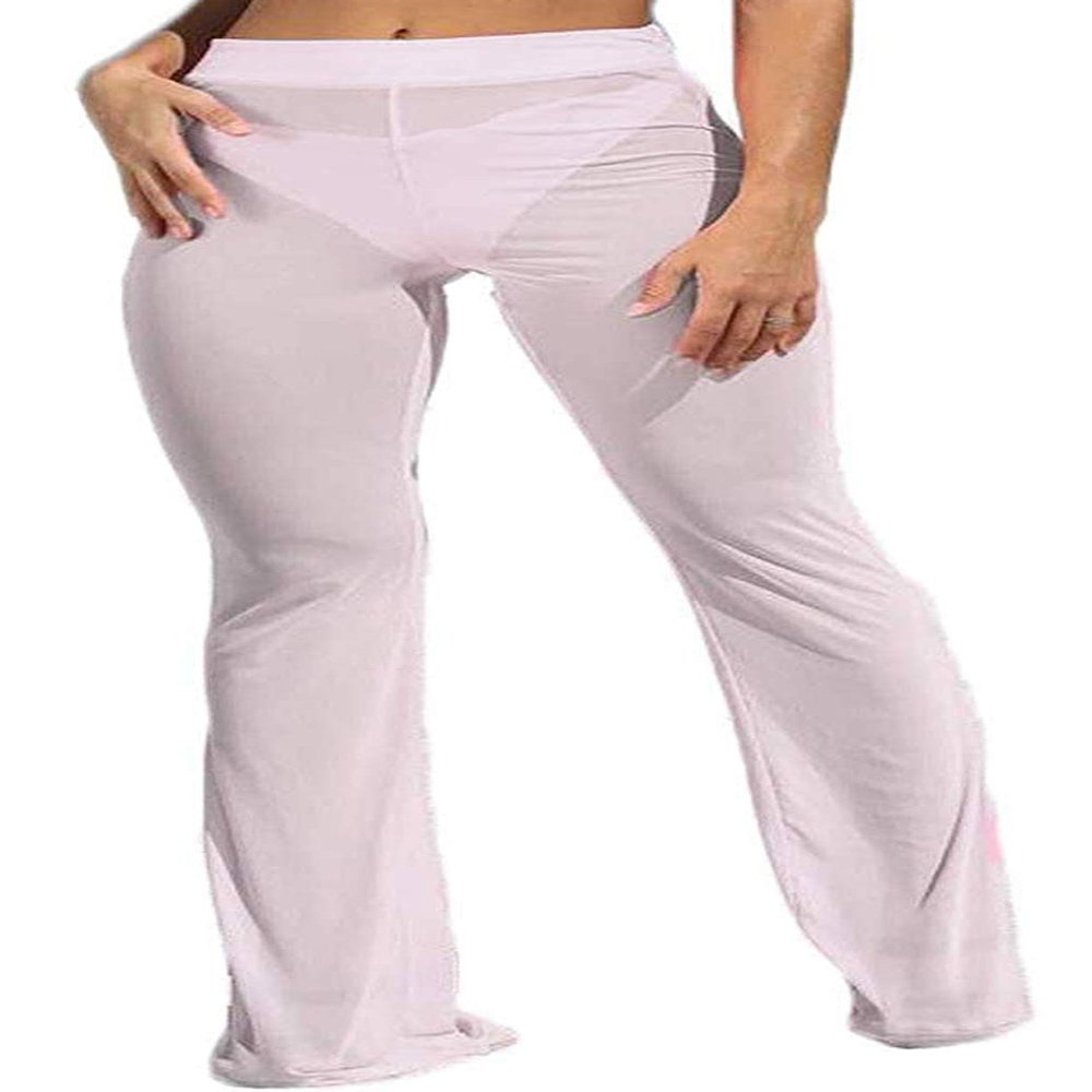 Awoscut Women See Through Sheer Mesh Pants Beach Swimsuit Bikini Bottom Cover up Party Club Elastic High Waist Wide Leg Pants D-White