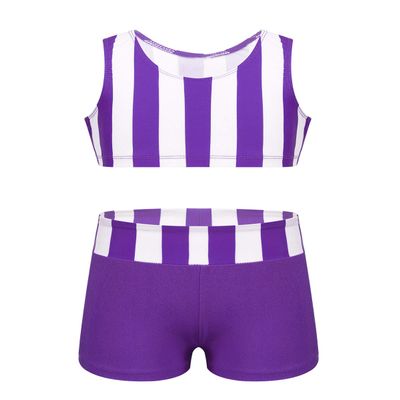 Agoky Girls' Childrens 2-Pieces Gymnastics Dancing Outfits Swimsuit Polka Dot Top Bra Shorts Clothes Set Purple Striped 13-14