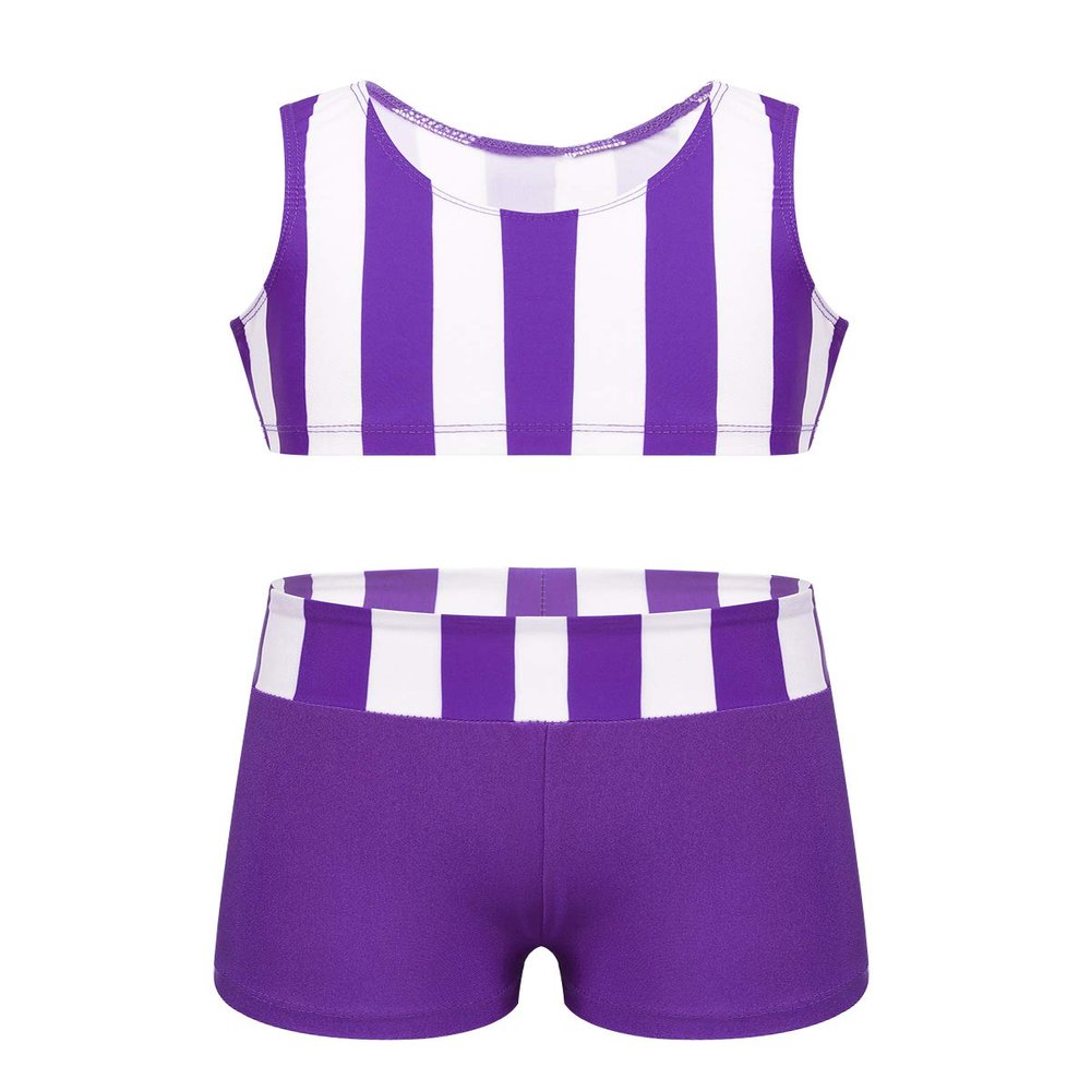 Agoky Girls' Childrens 2-Pieces Gymnastics Dancing Outfits Swimsuit Polka Dot Top Bra Shorts Clothes Set Purple Striped 13-14