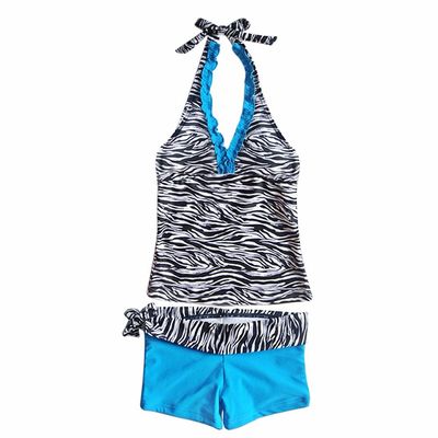 FEESHOW Little/Big Girls' Two Piece Halter Tankini Swimsuit Cutie Bow Back Swimwear Summer Beach Bathing Suit Blue 7-8