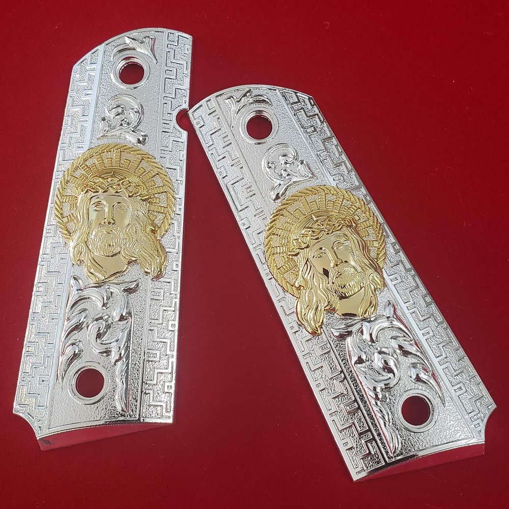 1911 Custom Grips Full Size Grips Ambi Cut Nickel/Gold Plated Metal