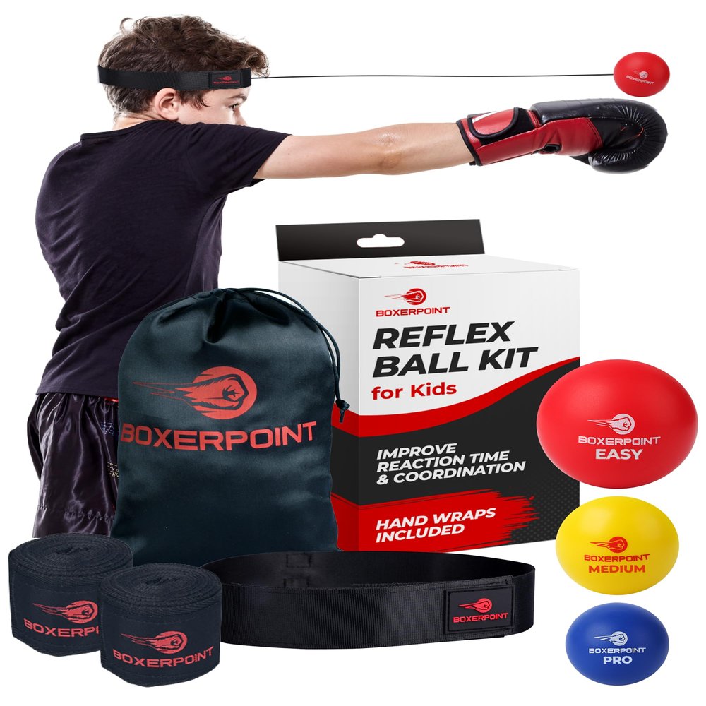 Boxerpoint Boxing Reflex Ball - Small, Multi-Color, Kids - Hand-Eye Coordination Training & Boxing Practice Set - 3-Level Reflex with Headband & Wraps - Gifts for Teen Boys, Gym Equipment