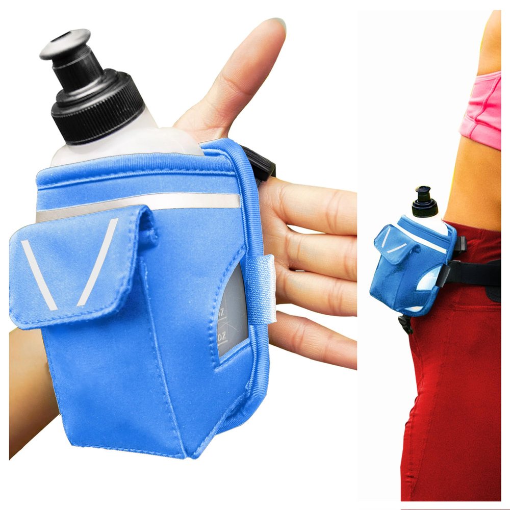 2-in-1 Running Fun Blue Handheld 12 Oz Water Bottle & Belt Add-on Strap to Hand or Slide on Belt Waterproof Pocket for Money, Key, ID Maximize Your Time, Freedom & Health