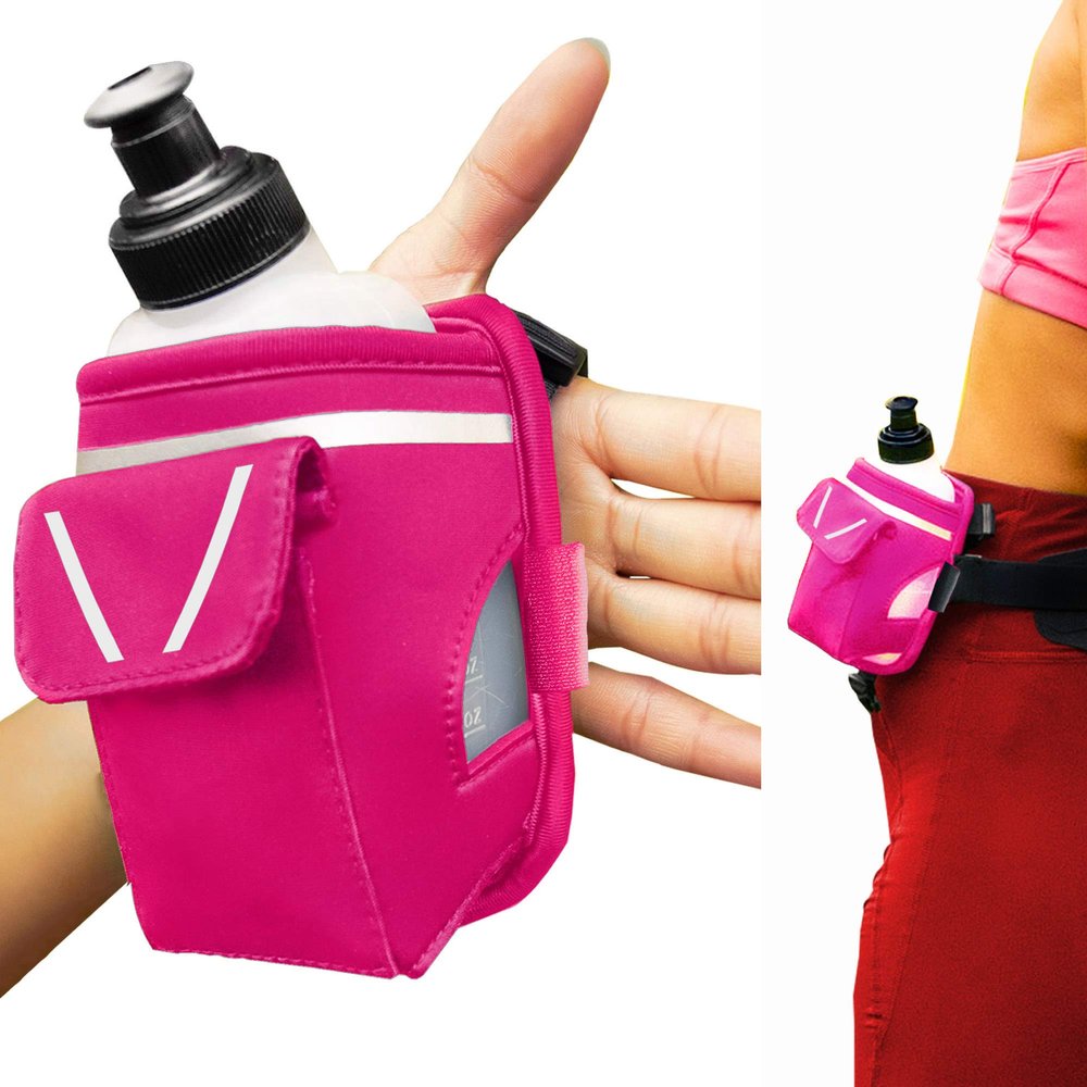 2-in-1 Running Fun Pink Handheld 12 Oz Water Bottle & Belt Add-on Strap to Hand or Slide on Belt Waterproof Pocket for Money, Key, ID Maximize Your Time, Freedom & Health