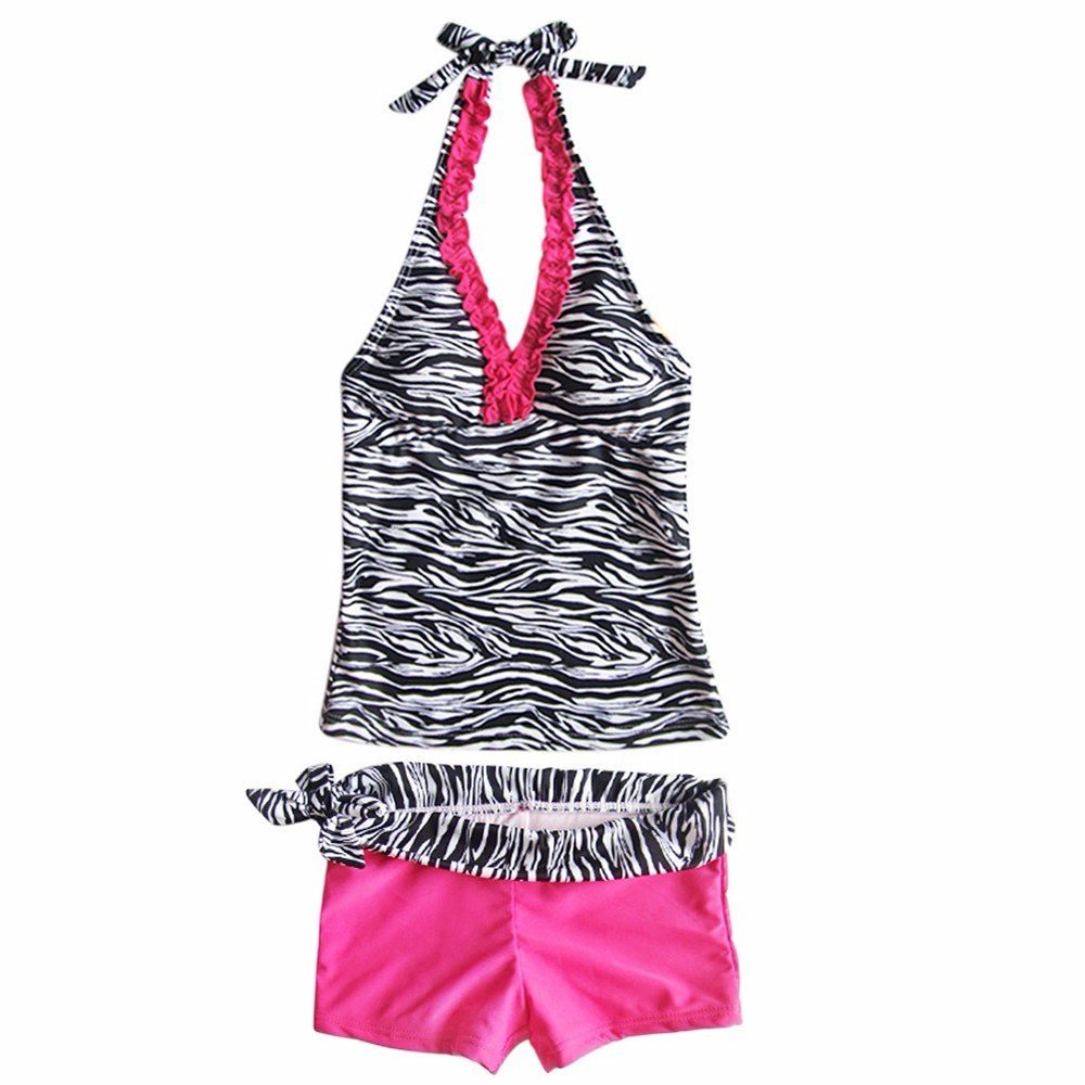 FEESHOW Little/Big Girls' Two Piece Halter Tankini Swimsuit Cutie Bow Back Swimwear Summer Beach Bathing Suit Hot Pink 7-8