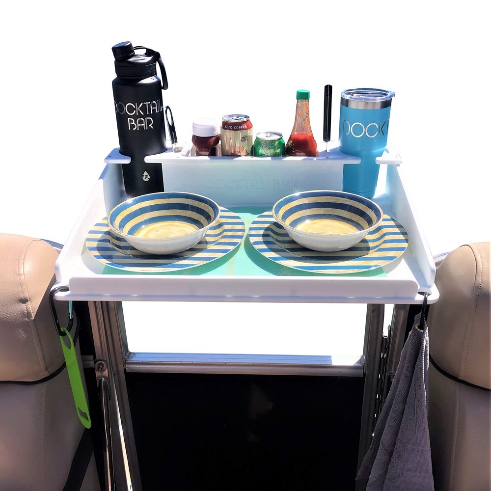 Docktail Bar Utility Boat Table - Pontoon Rail Mount | Boat Caddy Organizer, Portable Boat Table and Boat Bar, Pontoon Tables for Boats with Cup Holders, Boat Storage Accessories