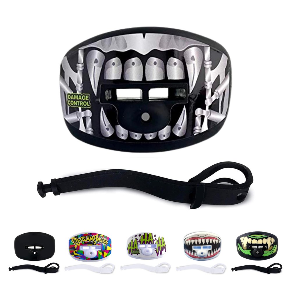 DAMAGE CONTROL Pacifier Mouthpiece  Football Mouthguard with Helmet Strap, Protects Teeth, Jaw & Mouth  Mouth Piece for Sports, No Boiling, Allows Airflow  Gear for Adults & Youth (Terror Bite)