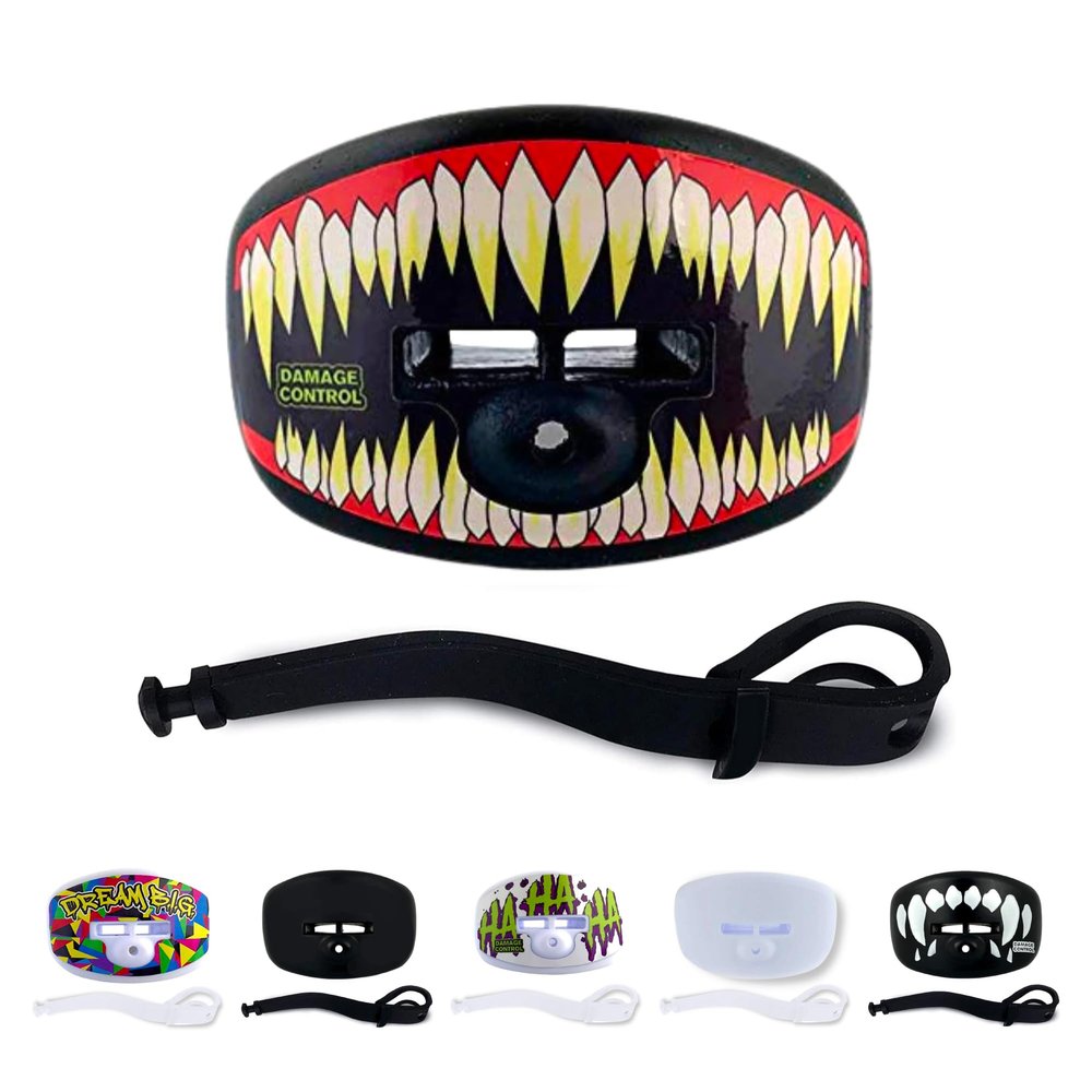 DAMAGE CONTROL Pacifier Mouthpiece  Football Mouthguard with Helmet Strap, Protects Teeth, Jaw & Mouth  Mouth Piece for Sports, No Boiling, Allows Airflow  Gear for Adults & Youth (SymBite)