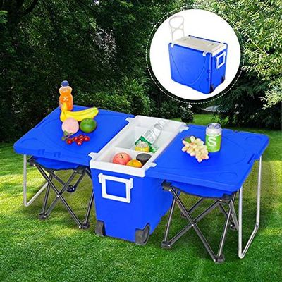 CAIDE-STORE Multi-Function Insulated Beverage Rolling Cooler Warm, Picnic Camping Outdoor w/Table & 2 Portable Foldable Camping Fishing Chair Stool with Carrying Bag (Blue)