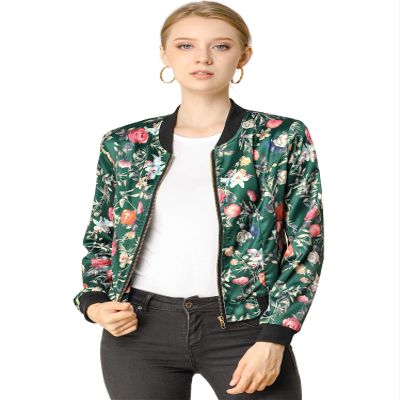 Allegra K Women's Bomber Jacket Satin Long Sleeve Zipper Floral Print Casual Fall Coat with Pocket Winter Outwear Small Dark Green