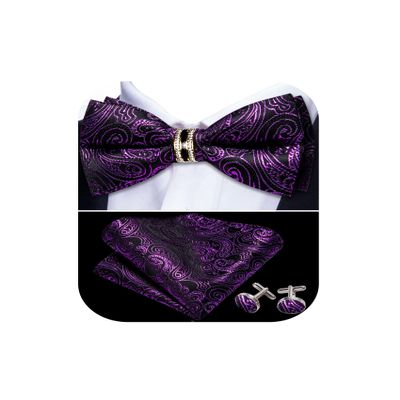 YOHOWA Mens Bow Tie Bright Purple Black Paisley Pocket Square Set Pre-Tied Bowties with Gold Ring Formal Wedding Party