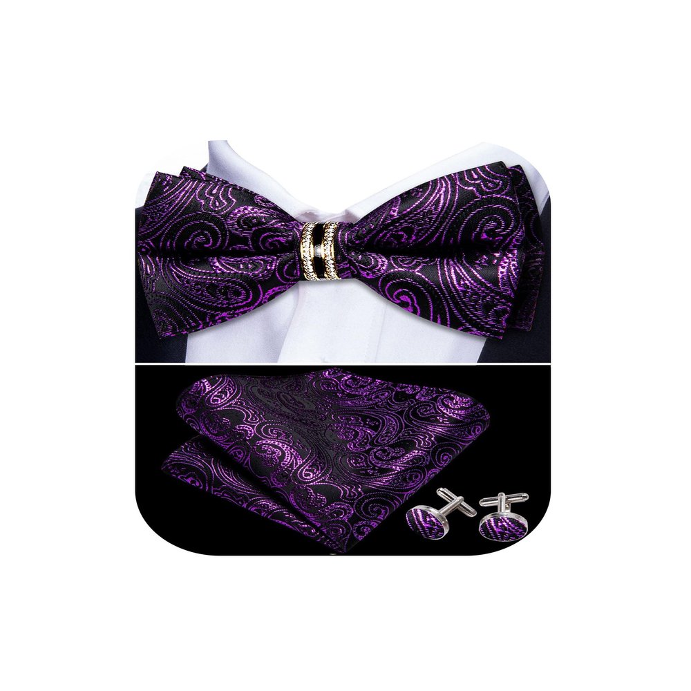 YOHOWA Mens Bow Tie Bright Purple Black Paisley Pocket Square Set Pre-Tied Bowties with Gold Ring Formal Wedding Party
