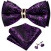 YOHOWA Mens Bow Tie Bright Purple Black Paisley Pocket Square Set Pre-Tied Bowties with Gold Ring Formal Wedding Party view 2