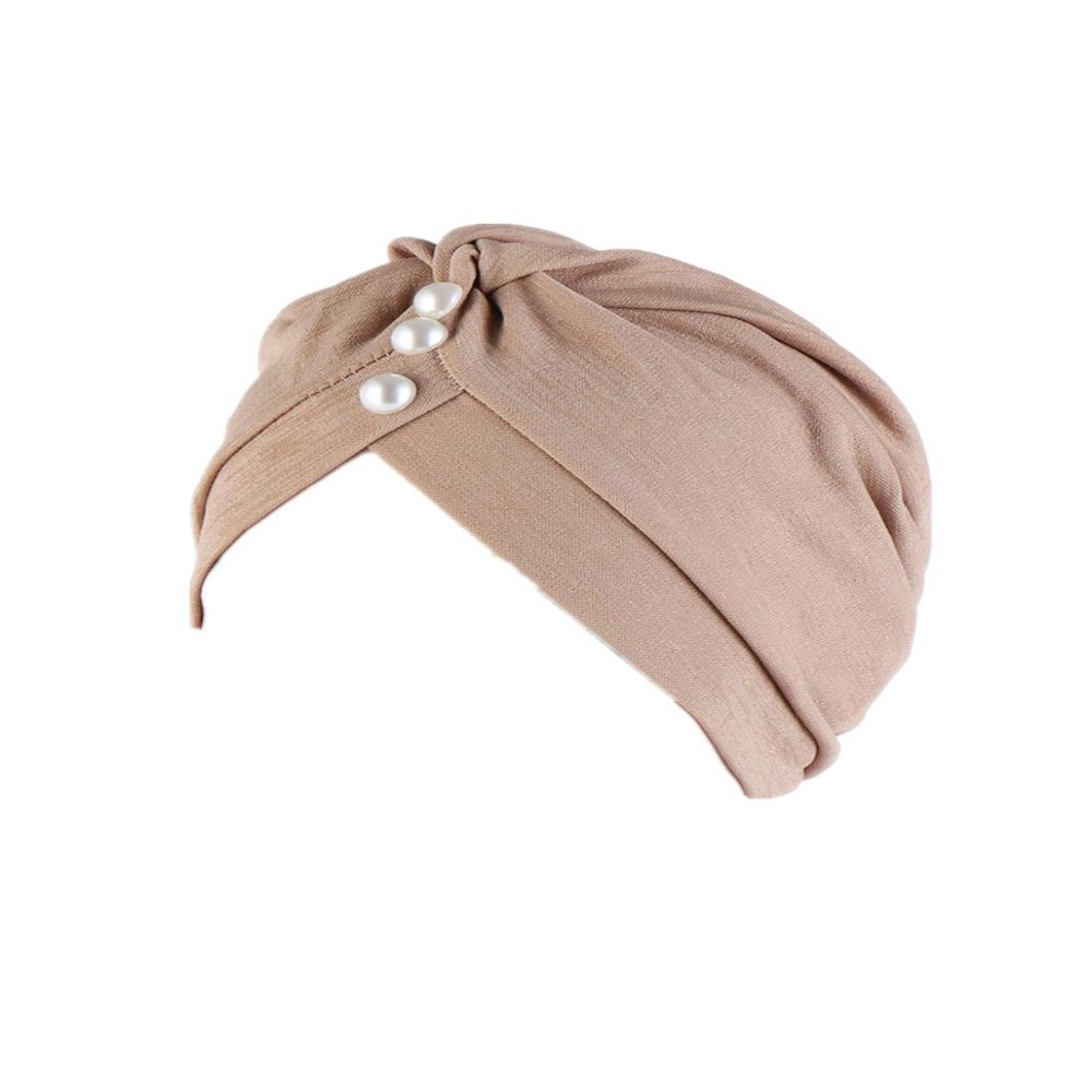 HZUX Elegant Women Turban Cap Bead Muslim Hijab Headwear India Hats Chemo Caps Cancer Hats Khaki