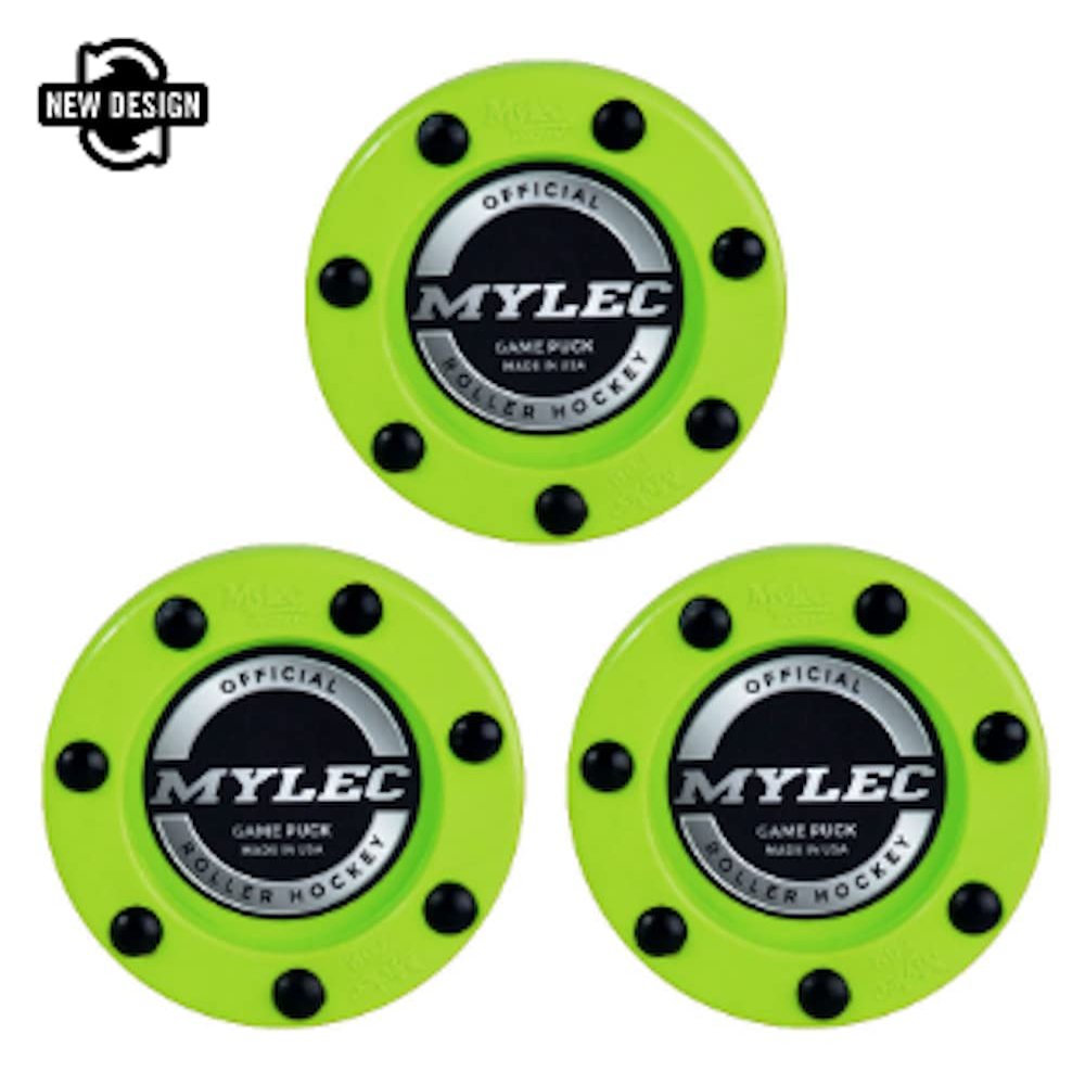MyLec Hockey Pucks for Outdoor Hockey, Made with PVC, Hockey Stuff with Graphite Reinforced Shaft & Nylon Glides, Training Pucks for Street Hockey (Green, 110gm, Pack of 3)