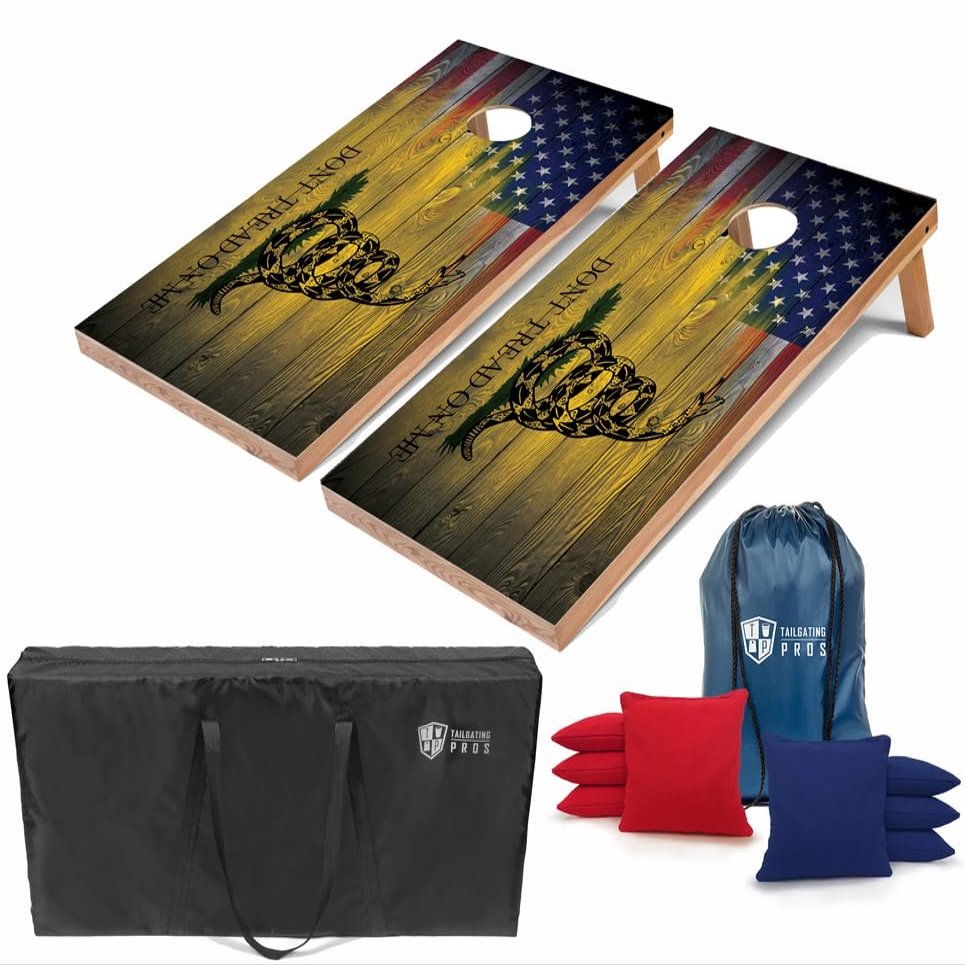 Tailgating Pros Regulation Cornhole Boards - 4'x2' Lightweight Patriotic & Flag Themed Cornhole Game w/Carrying Case & Set of 8 Corn Hole Bean Bags w/Tote