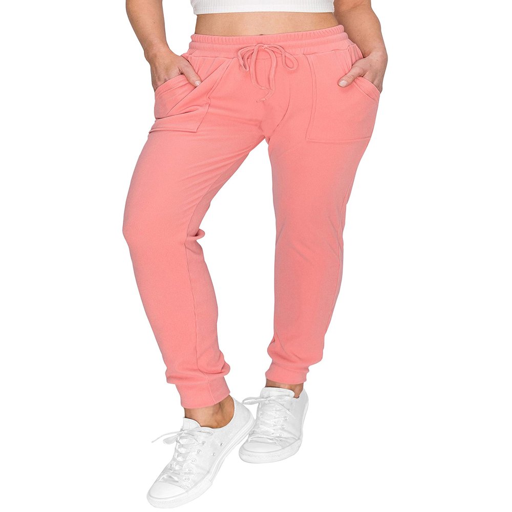 ALWAYS Womens Ribbed Jogger Sweatpants - Rib Knit Winter Warm Stretch Pants with Pockets Pink 2XL
