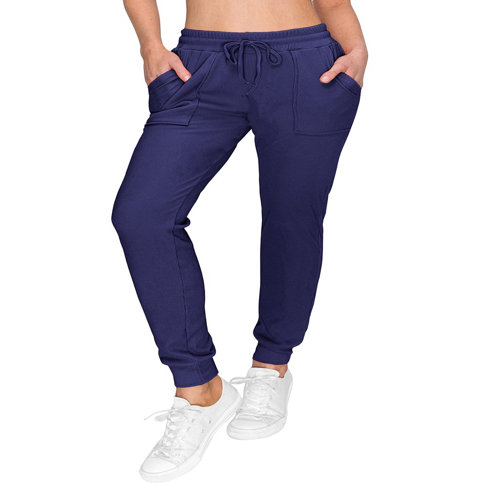 ALWAYS Womens Ribbed Jogger Sweatpants - Rib Knit Winter Warm Stretch Pants with Pockets Navy 2XL
