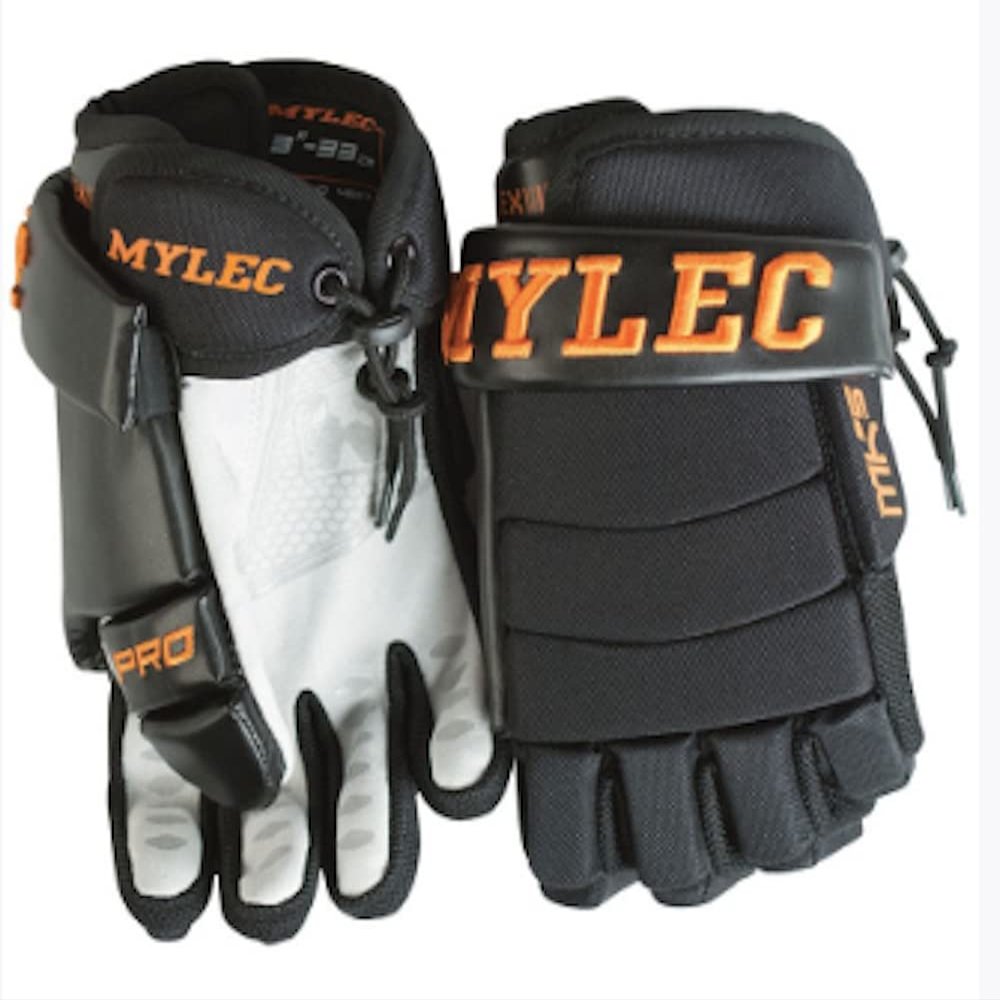 MyLec MK5 Hockey Gloves, Hook Closure for Perfect Fit, 3-Roll Design, Nylon Hockey Stuff with Tough Leather Palm, Lightweight, Durable & Breathable Lacrosse Gloves, EVA Foam(11",Black/Orange)