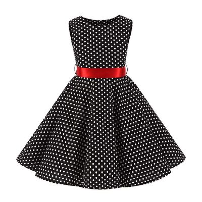 Girls 50s Vintage Polka Dot Flower Swing Rockabilly Prom Party Dress Kids Sleeveless Retro Audrey Hepburn Communion Birthday Formal Cocktail Dance Evening Short Gown for Occasion Black+Red 5-6X