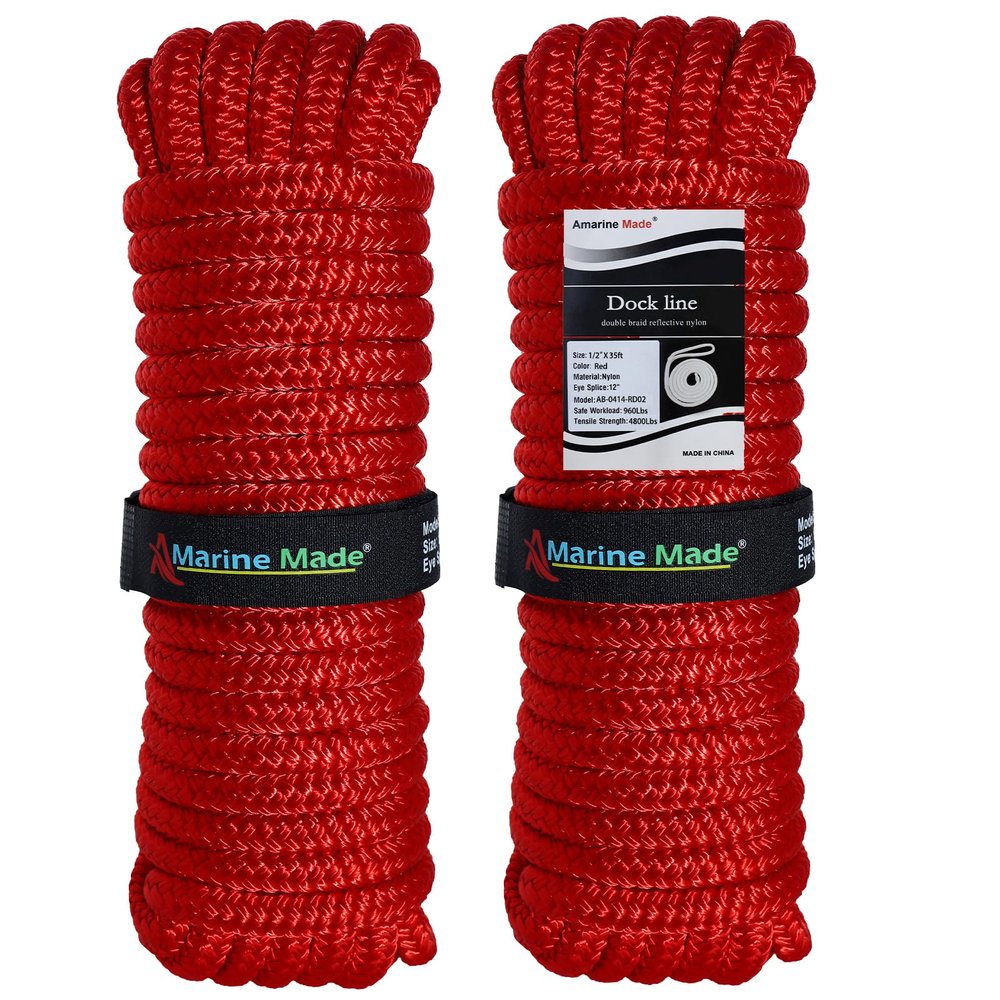 Amarine Made Pair of Double Braided Nylon Dock Lines 4840 lbs Breaking Strength (L:35 ft. D:1/2 inch Eyelet: 12 inch) 2 Pack of Marine Mooring Rope Boat Dock Lines Working Load Limit:968 lbs