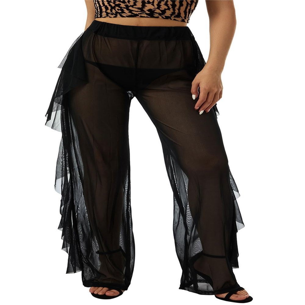Awoscut Women See Through Sheer Mesh Pants Beach Swimsuit Bikini Bottom Cover up Party Club Elastic High Waist Wide Leg Pants (Ruffle-Black, 2XL)
