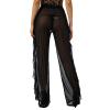 Awoscut Women See Through Sheer Mesh Pants Beach Swimsuit Bikini Bottom Cover up Party Club Elastic High Waist Wide Leg Pants (Ruffle-Black, 2XL) view 3