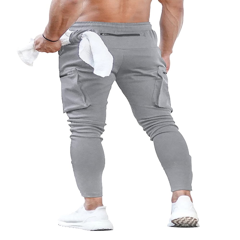 MECH-ENG Men's Active Tack Jogger Pants Fitness Tapered Sweatpants Slim Fit Trousers with Zipper Pockets(Light Gray X-Large)