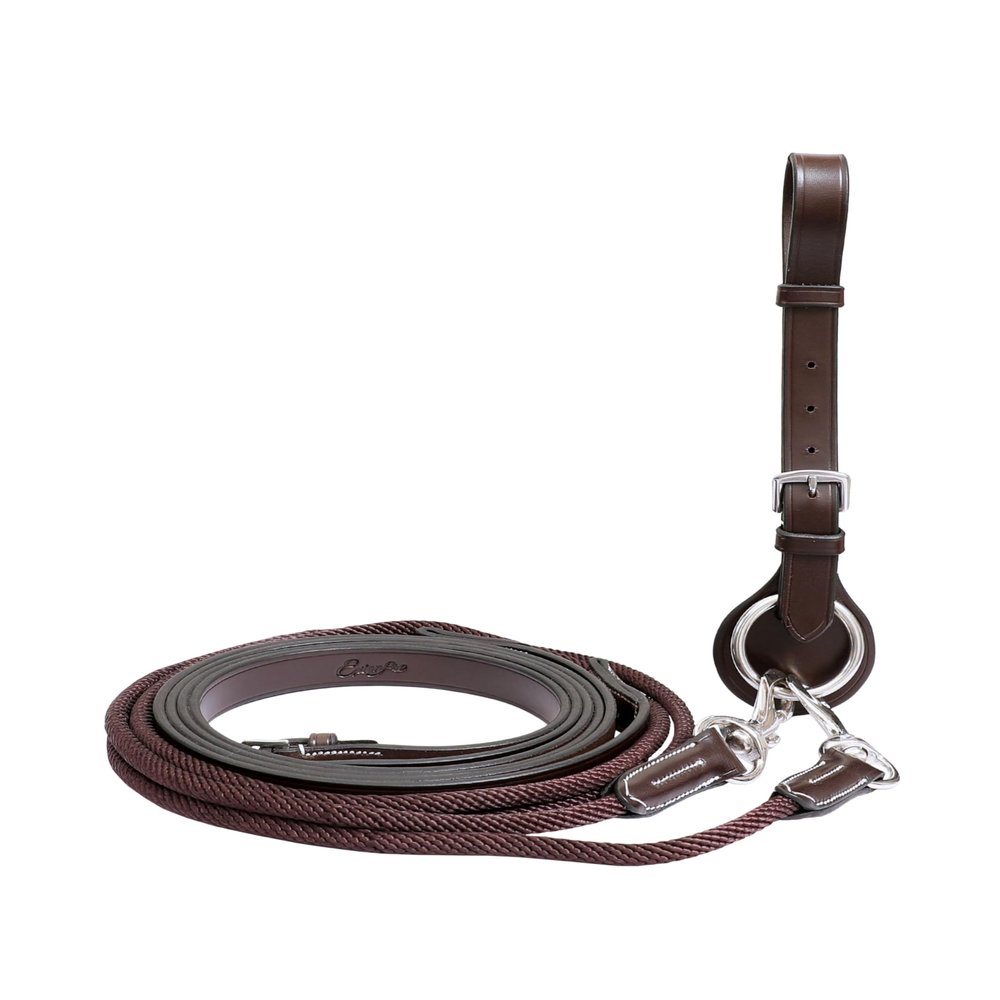 ExionPro Exion Leather and Rope Draw Reins for Horses, 6/8-19 mm Wide 90 inches Long with Buckle Guard Handle and Quick Snap | Premium Equestrian Training Draw Rein for Horses