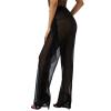 Awoscut Women See Through Sheer Mesh Pants Beach Swimsuit Bikini Bottom Cover up Party Club Elastic High Waist Wide Leg Pants (Ruffle-Black, S) view 2
