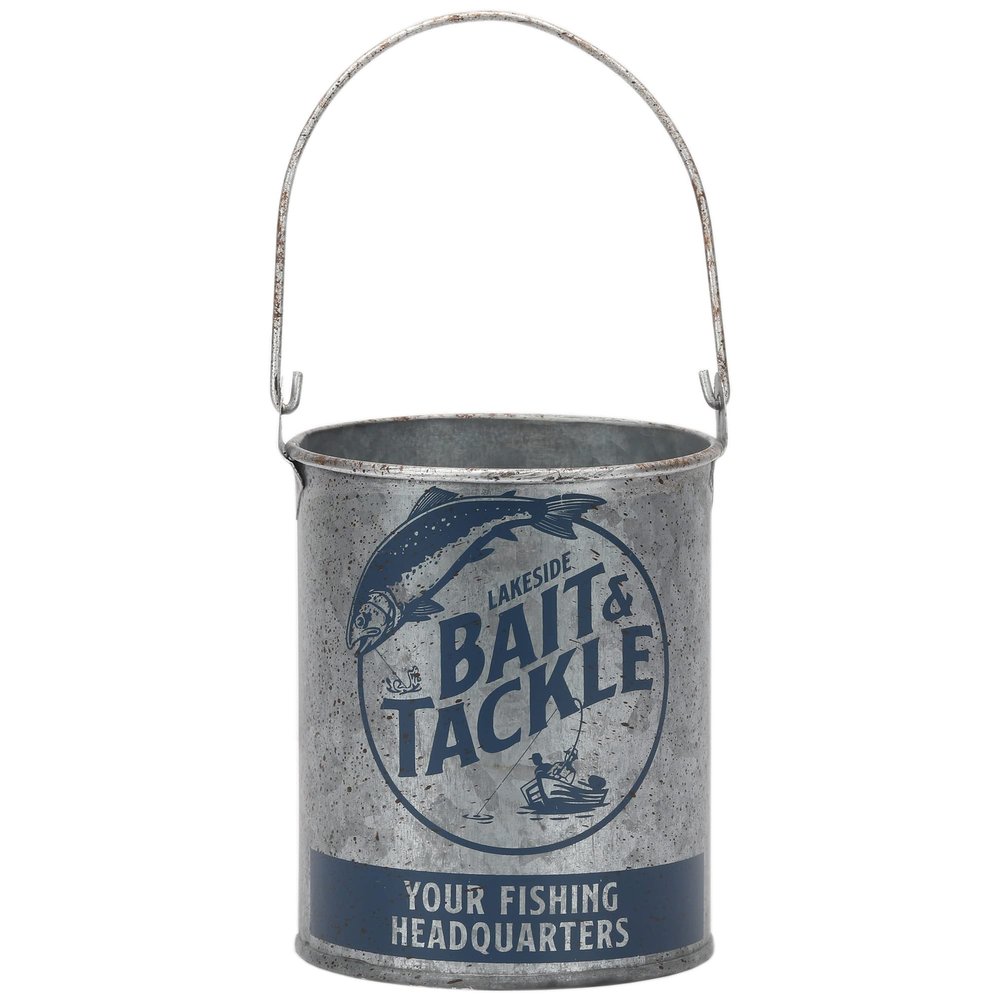 Lakeside Bait and Tackle Metal Bucket - Decorative Fishing Pail for Pencils, TV Remotes or Tools