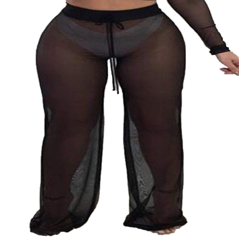 Awoscut Women See Through Sheer Mesh Pants Beach Swimsuit Bikini Bottom Cover up Party Club Elastic High Waist Wide Leg Pants (Drawstring-Black, M)