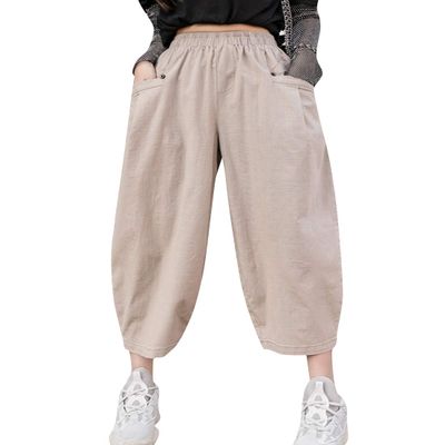 ZGZZ7 Women's Casual Tapered Linen Cropped Pants Elastic Palazzo Lounge Ankle Capris Trousers (Khaki, Small)
