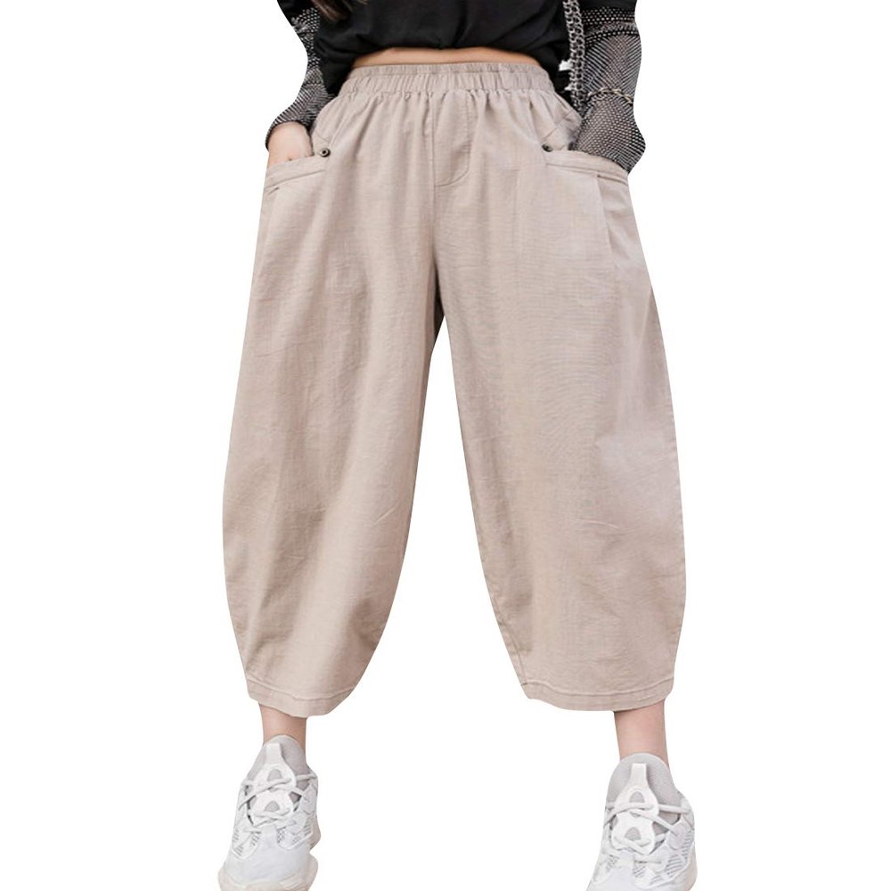 ZGZZ7 Women's Casual Tapered Linen Cropped Pants Elastic Palazzo Lounge Ankle Capris Trousers (Khaki, Small)